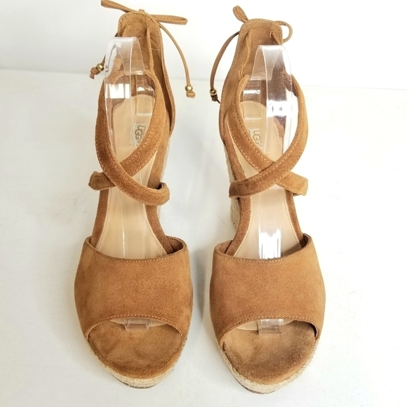 UGG Reagan Peep Toe Suede Jute Platform Espadrille Wedge Tan Brown Sandals, 10 - Picture 3 of 10